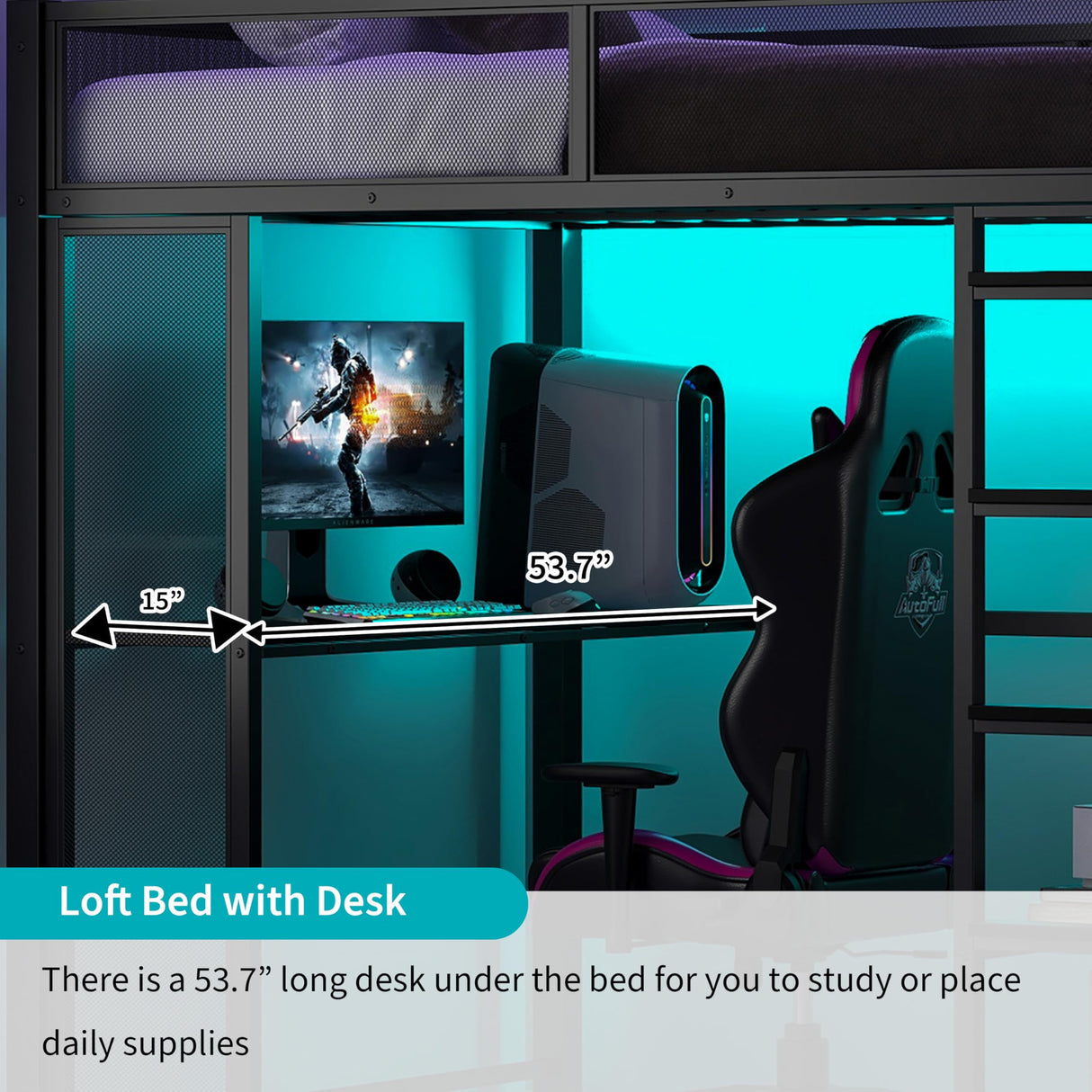 Polibi Full Size Metal Gaming Loft Bed with LED Lights/Desk/Open Wardrobe and 3 Linen Storage Drawers,Loft Bed Frame with Mesh Guardrail and Ladder,Black Polibi