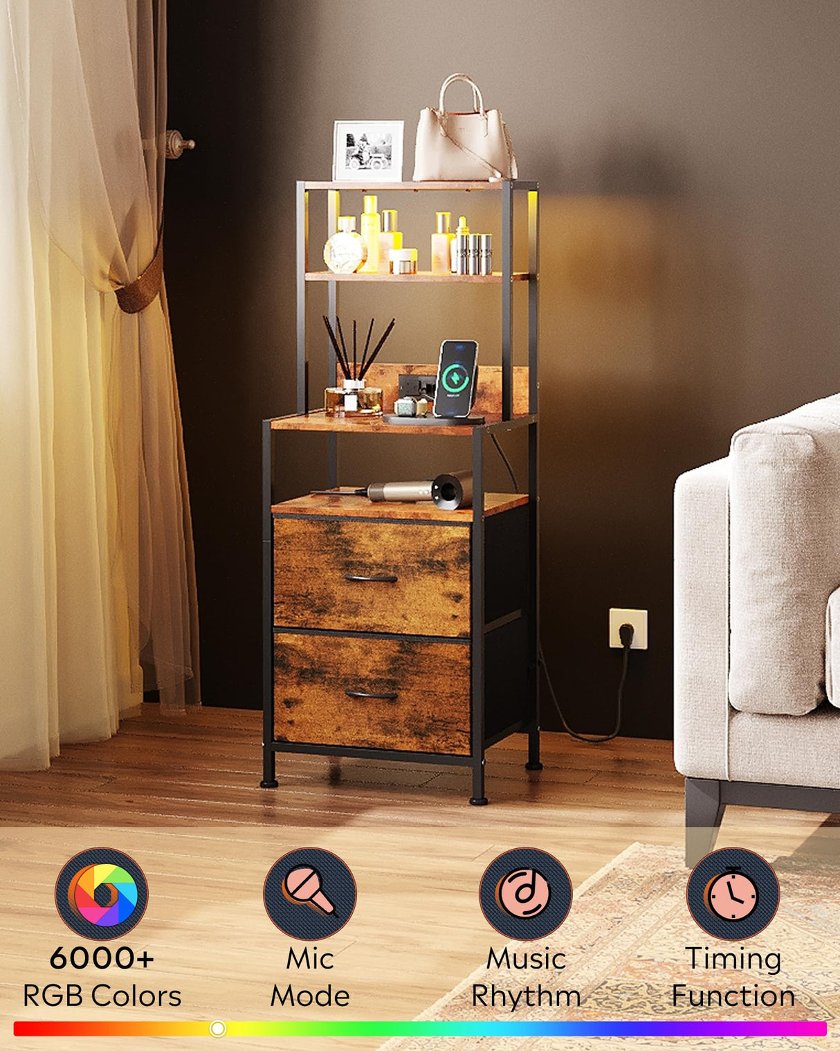 WLIVE Nightstand Set of 2 with Charging Station, LED Night Stand Sets with 2 Drawers and 4 Storage Open Shelves, Fabric Dressers for Bedroom, Rustic Brown WLIVE