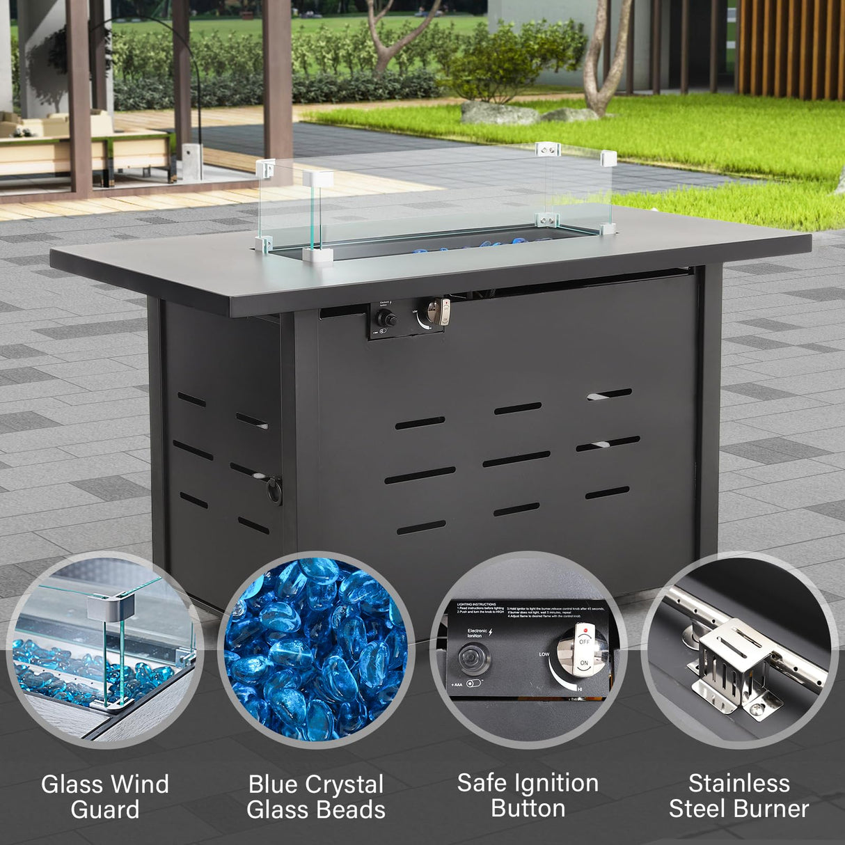 4 Piece Patio Furniture Set 45In Fire Pit Table Outdoor Furniture Sets Patio Couch Outdoor Chairs 50000 BTU Propane Fire Pit with No-Slip Cushions and Waterproof Covers, Peacock Blue Rattan Star