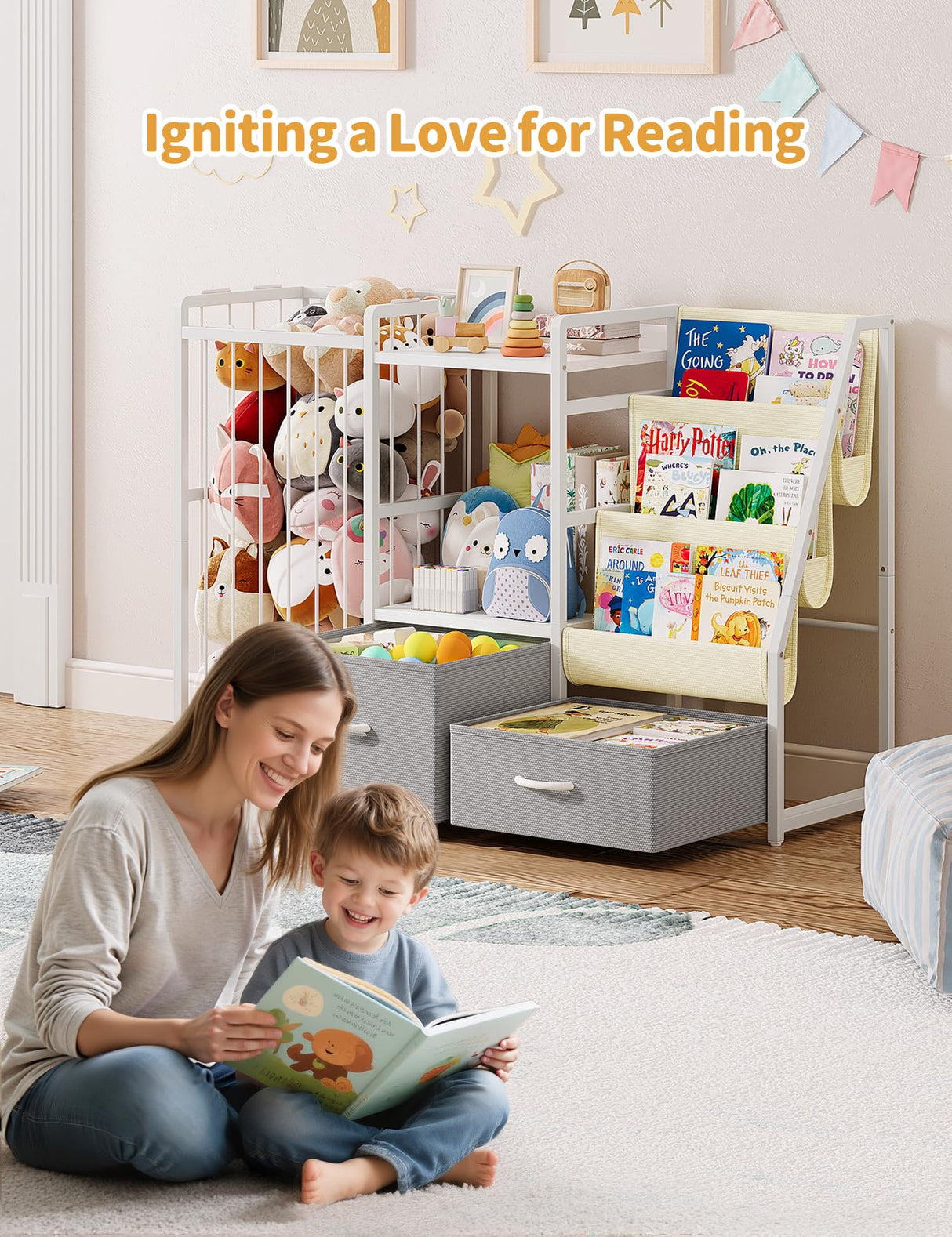 Twinkoo Kids Bookshelf and Toy Storage, Large 3 Tier Book Shelf for Kids Rooms, Sling Baby Bookcase with Stuffed Animal Storage, Toddler Montessori Bookshelf for Nursery, Playroom, Kindergarten Twinkoo