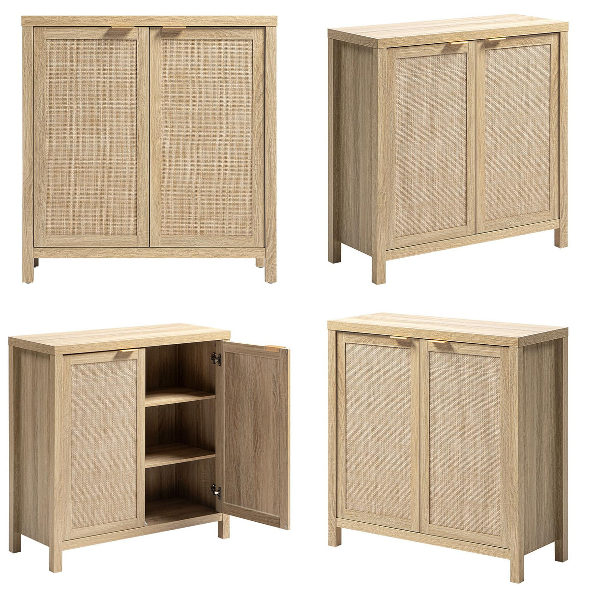 SICOTAS Credenza Sideboard Buffet Cabinet - Boho Rattan Kitchen Storage Cabinet with 4 Rattan Decorated Doors - Accent Liquor Cabinet Buffet Console Table for Dining Room Hallway - 2 Pieces(Light Oak) SICOTAS