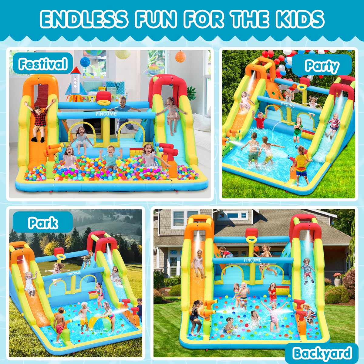 FINCOME Inflatable Bounce House for Kids, Water Bounce House with Double Slides Outdoor Indoor, Jumping Bouncy Castle with Air Blower for Park Backyard Party Birthday (with 750W Blower) FINCOME