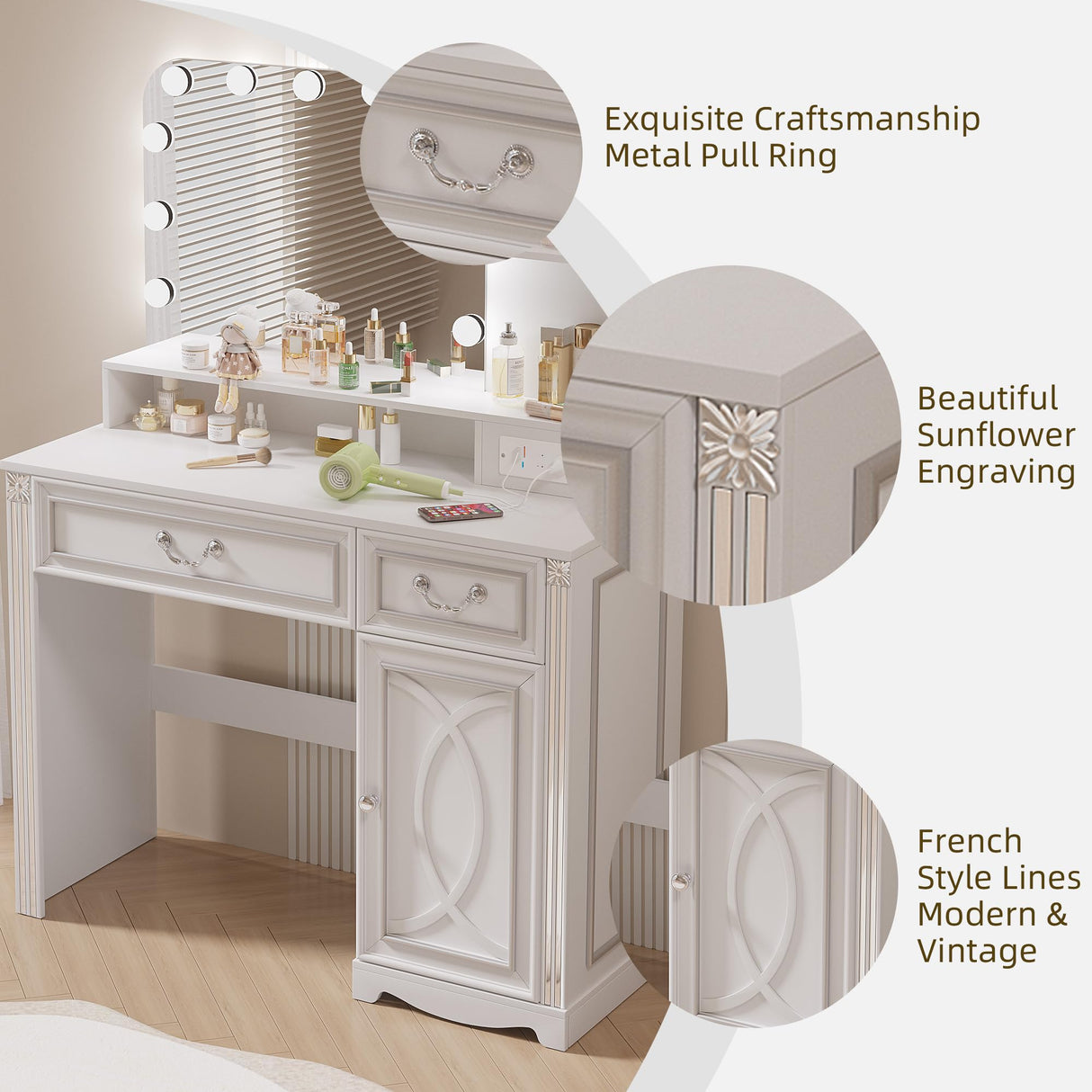 Ylued Vanity Desk with Mirror and Lights Power Outlet, 39 inch Makeup Vanity with Charging Station, Mid-Century Modern Dressing Table with 2 Drawers for Bedroom, White Ylued