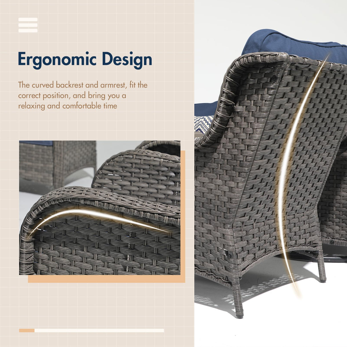 SUNSITT Outdoor Furniture Set with Fire Pit Table Wicker Patio Conversation Set 6-Piece Patio Sectional Furniture Set with Gas Firepit Grey Wicker & Denim Blue Cushion for Garden, Porch, Backyard SUNSITT