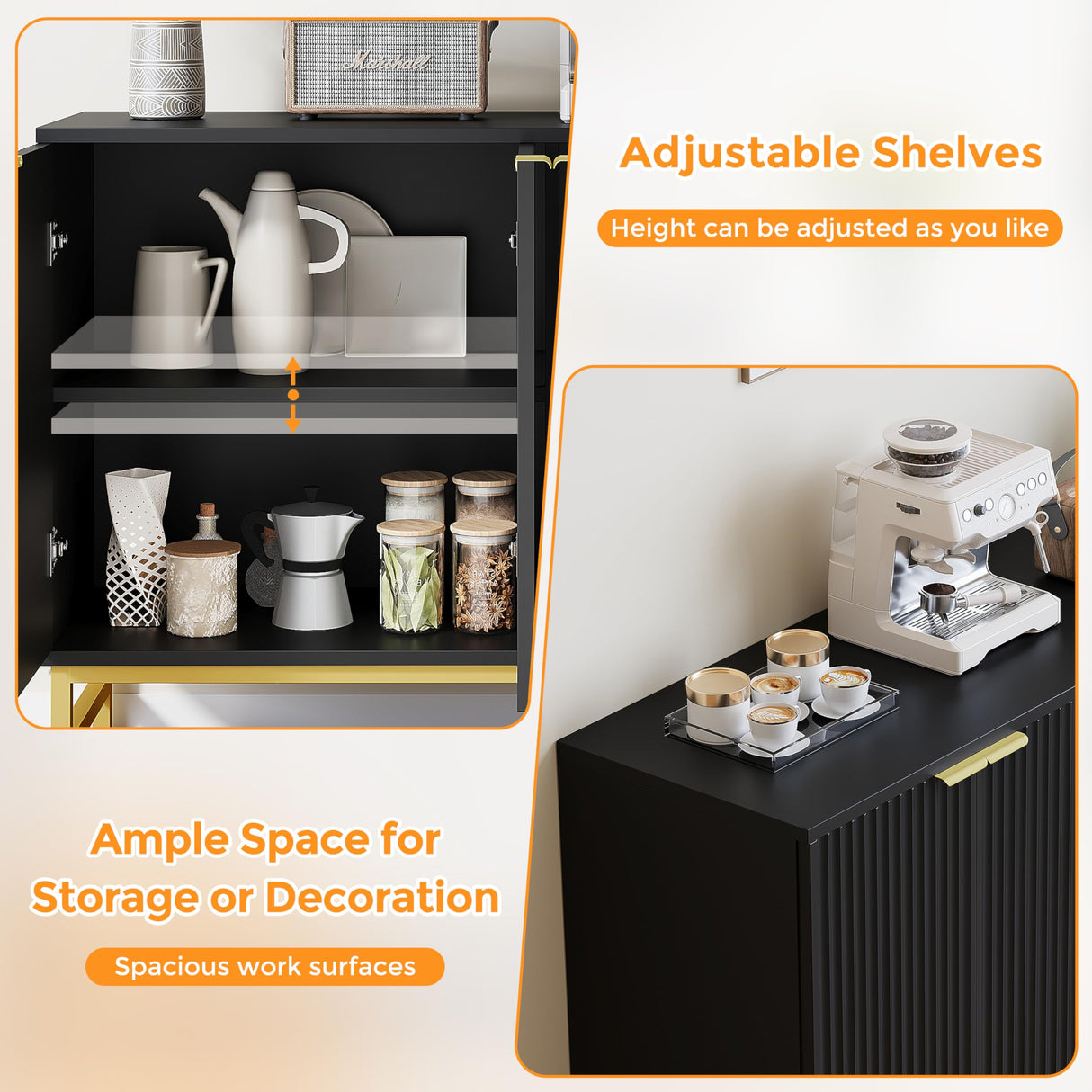 Luoxiao Fluted Sideboard Buffet 55" Console Table for Entryway Modern Credenza Accent Cabinet with Adjustable Shelves Coffee Bar Cabinet for Living Room, Kitchen, Dining Room,Hallway Black Luoxiao