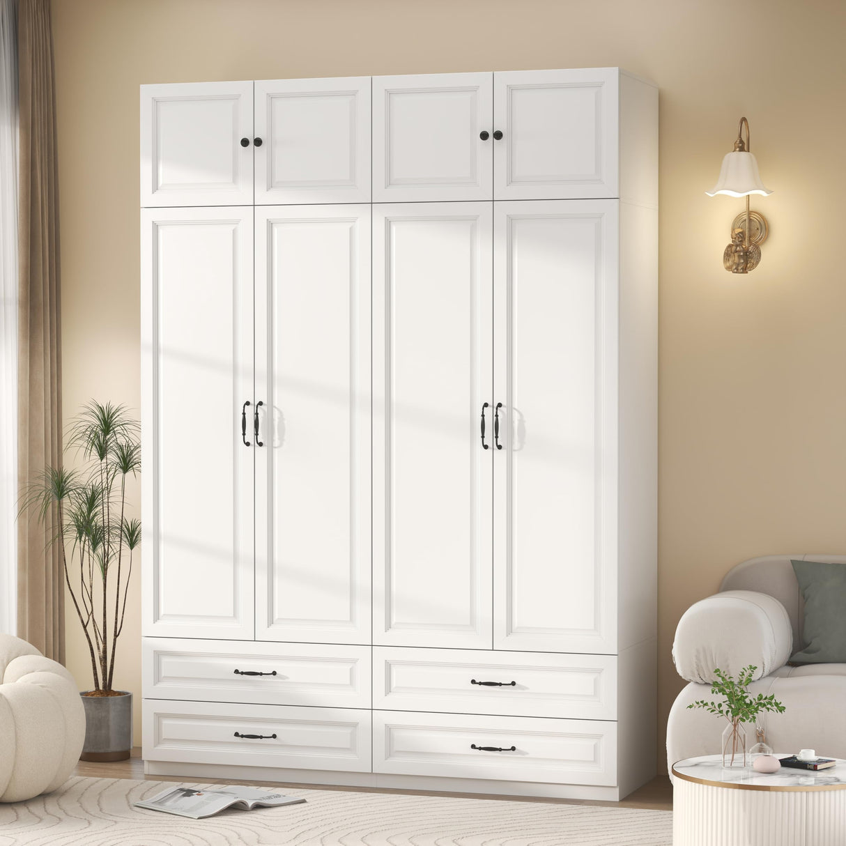 Mhsatyrs Armoire Wardrobe Closet with 4 Drawers: 88" White Bedroom Closet, Wood Wardrobe Closets with 4 Doors, Tall Armoire Cabinet and Storage Shelves for Clothing (63") Mhsatyrs