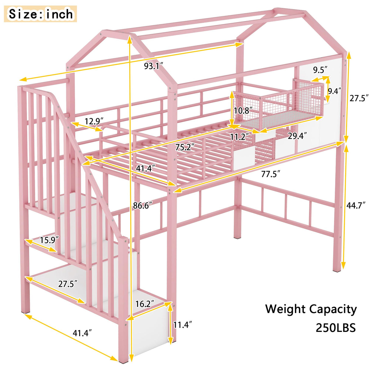 Twin Loft Bed with Storage Stairs and Guardrails in Pink, House-Style Design by Bellemave Bellemave