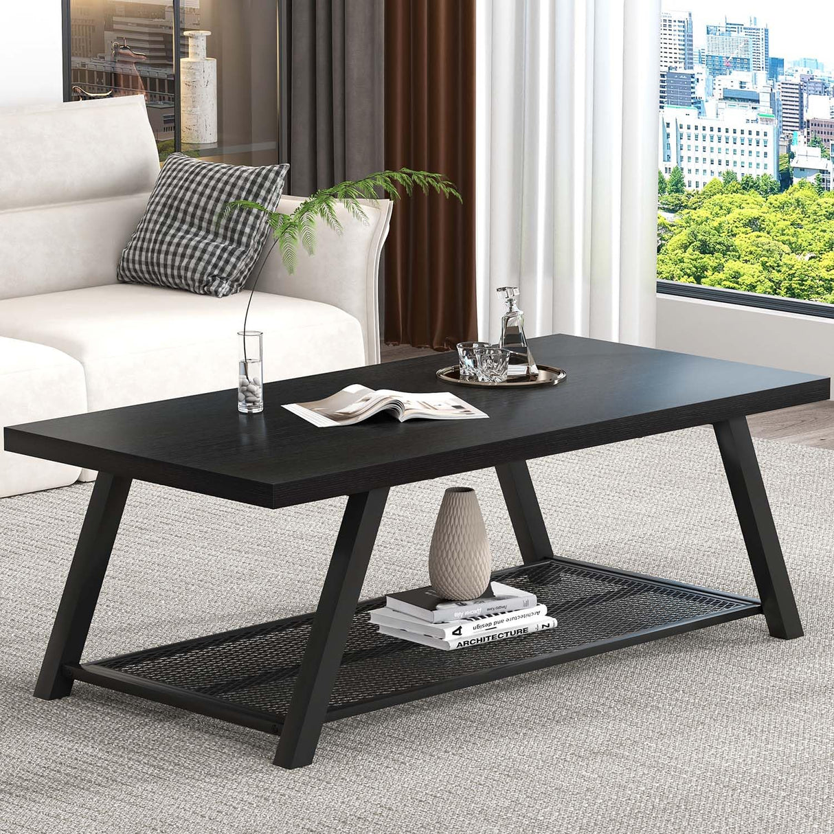 FOLUBAN Black Coffee Table, Modern Rustic Wood and Metal Living Room Table with Storage Shelf, Industrial Rectangle Cocktail Tea Table, 47 Inch