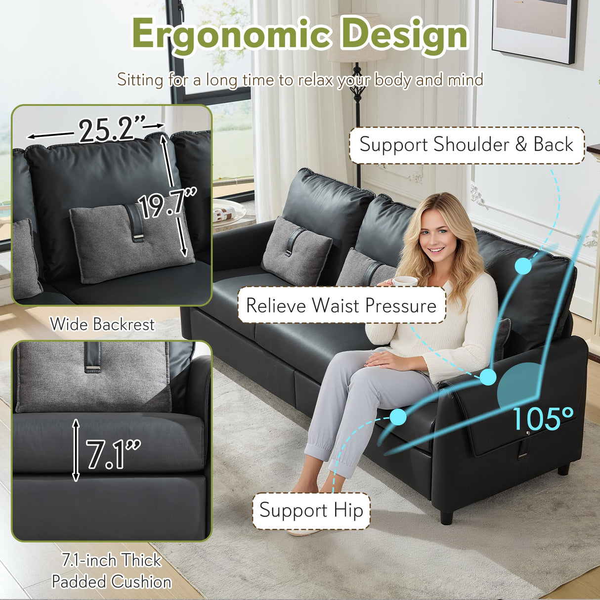 STHOUYN 88” Faux Leather Couch for Living Room, Black Office Couch Small Space, Comfy 3 Seater Couches Leather Sofa with High Backrest (Black) STHOUYN