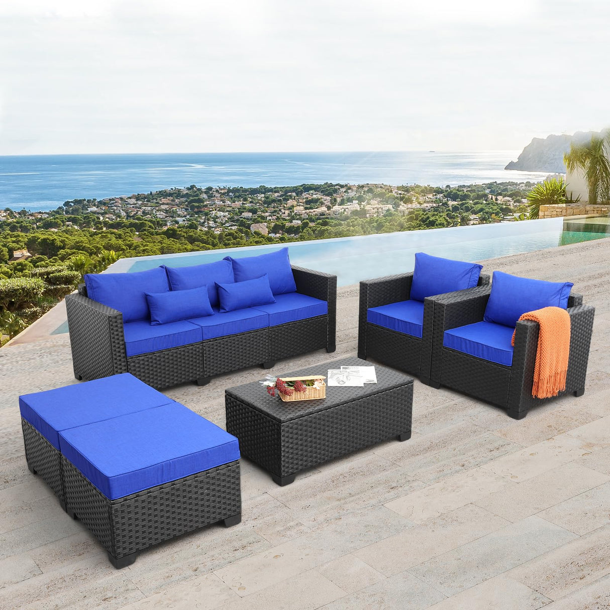 6 Pieces Patio Wicker Furniture Set Outdoor PE Rattan Conversation Couch Sectional Chair Sofa Set with Royal Blue Cushions Rattaner