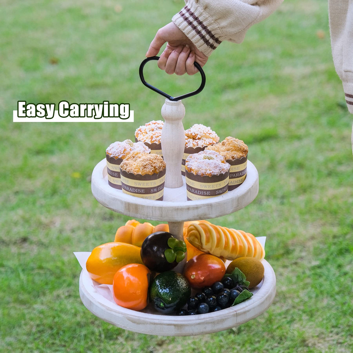Mustry Rustic Wooden 2 Tiered Tray, Round Farmhouse Kitchen Table Decor Serving Tier Tray, Food Fruits Cupcake Display Coffee Bar Home Party Seasonal Decorations (White) mustry