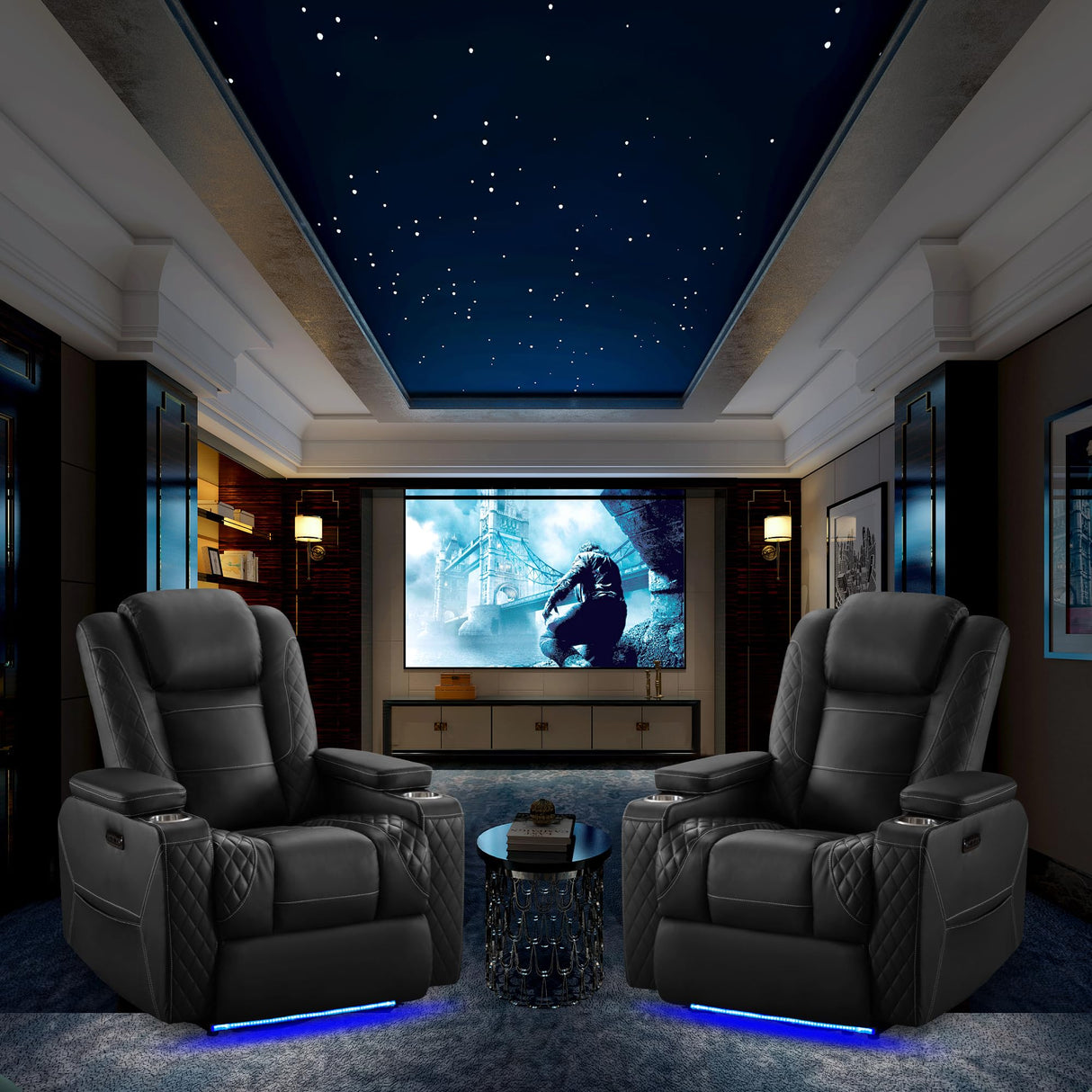 TUNYI Home Theater Recliner Chair - Power Recliner Sofa Chair with Adjustable Headrest Faux Leather Reclining Chair with USB/Storage/LED Light/Cup Holder (Black, 1 PC) TUNYI