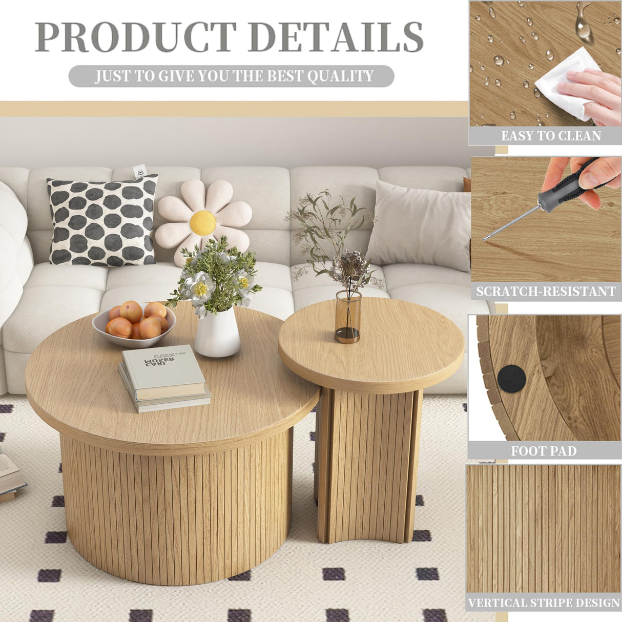 Set of 2 Nesting Coffee Tables Farmhouse,Round Coffee Tables Living Room,Wood Finish Coffee Table Set,Small Coffee Table,Sofa Side Living Room Bedroom Coffee Table Side Table (Large Size - Set) Mxtxmy