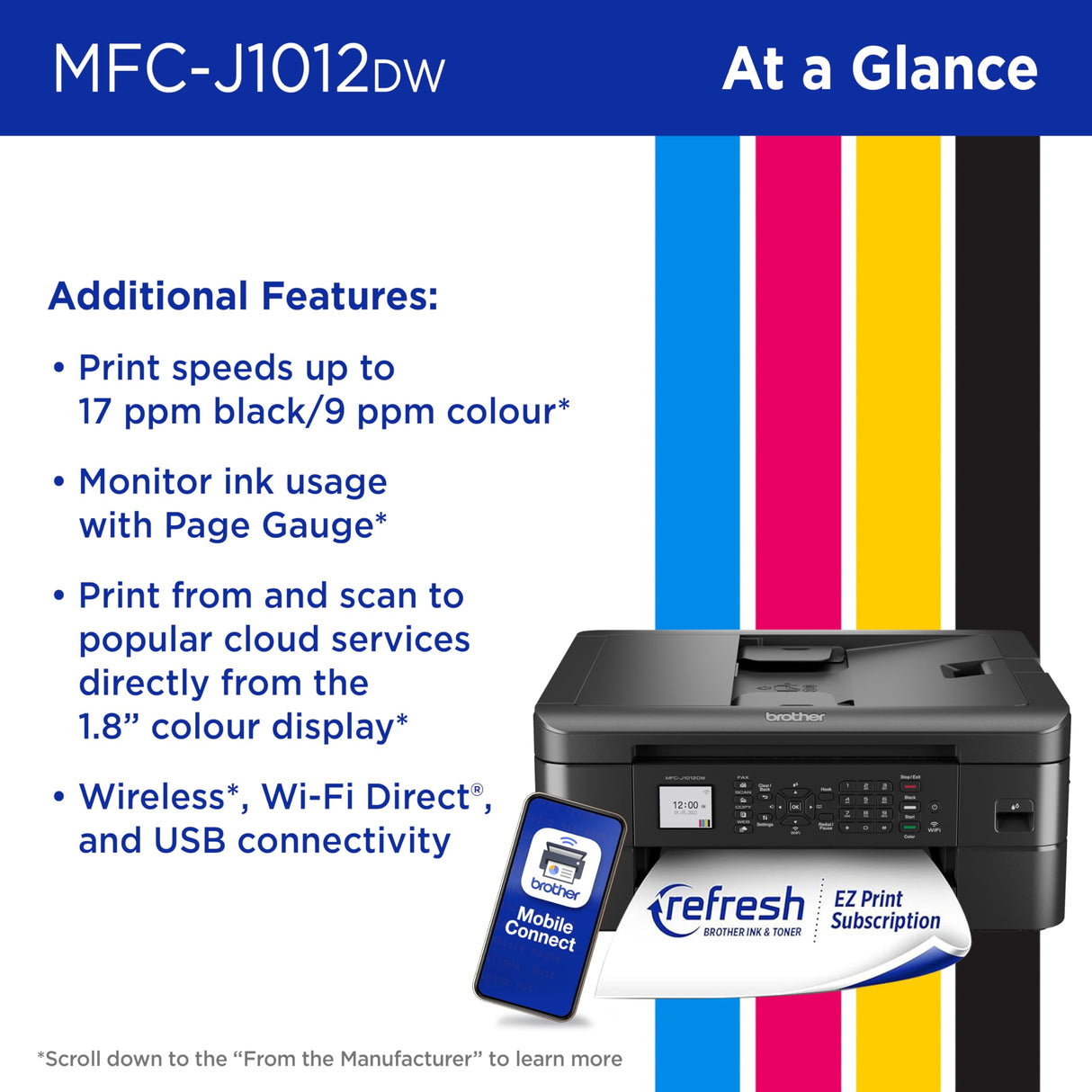 Brother MFC-J1012DW Wireless Colour Inkjet All-in-One Printer with Mobile Device and Duplex Printing, for Home Office and Personal Use, Refresh Subscription Ready Brother