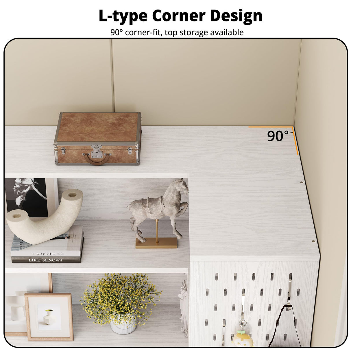 IRONCK Corner Bookshelf with LED Lights, 78.7" Tall Corner Bookshelves with 2 Drawers & Transparent Doors, 7 Tiers L-Shaped Bookcase with Open Shelves and Pegboards for Living Room, Home Office, White IRONCK