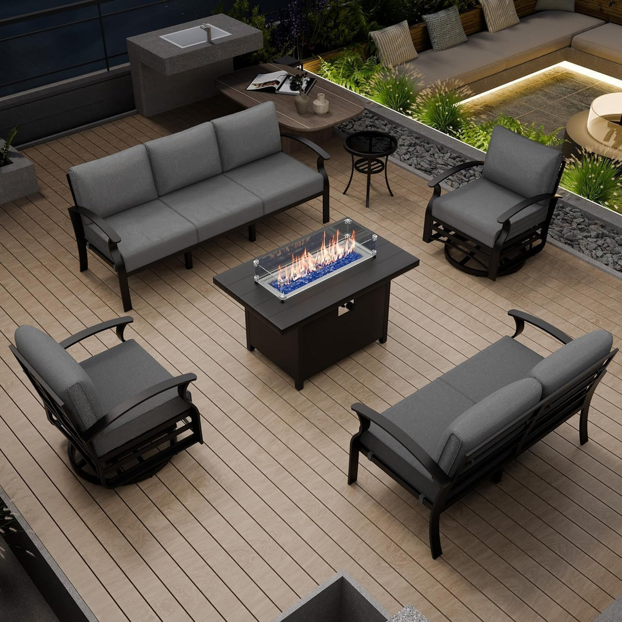 RTDTD Aluminum Patio Furniture Set with Fire Pit Table, 7 Seats Patio Outdoor Conversation Set with Swivel Chair Modern Metal Patio Sectional Sofas with Upgrade Cushions for Patio, Backyard (Grey) RTDTD