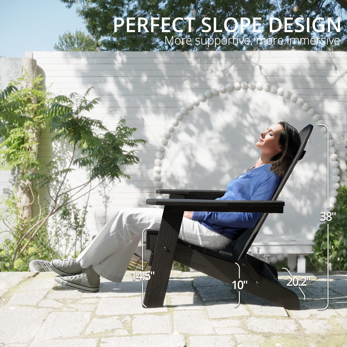 LUE BONA Folding Adirondack Chair Set of 4, Black HDPS Fire Pit Patio Chairs Weather Resistant, Modern Plastic Outdoor Chairs with Cup Holder LUE BONA