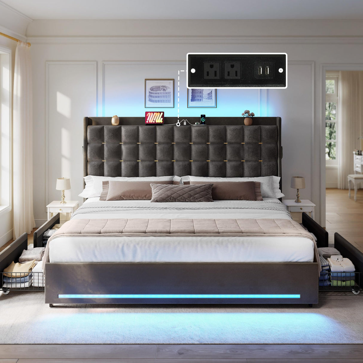 YITAHOME King Size Bed Frame with 4 Drawers and RGB LED Lights, Velvet Upholstered Platform Bed with Charging Station and Storage Headboard, No Box Spring Needed, Easy Assembly, Noise-Free, Grey YITAHOME