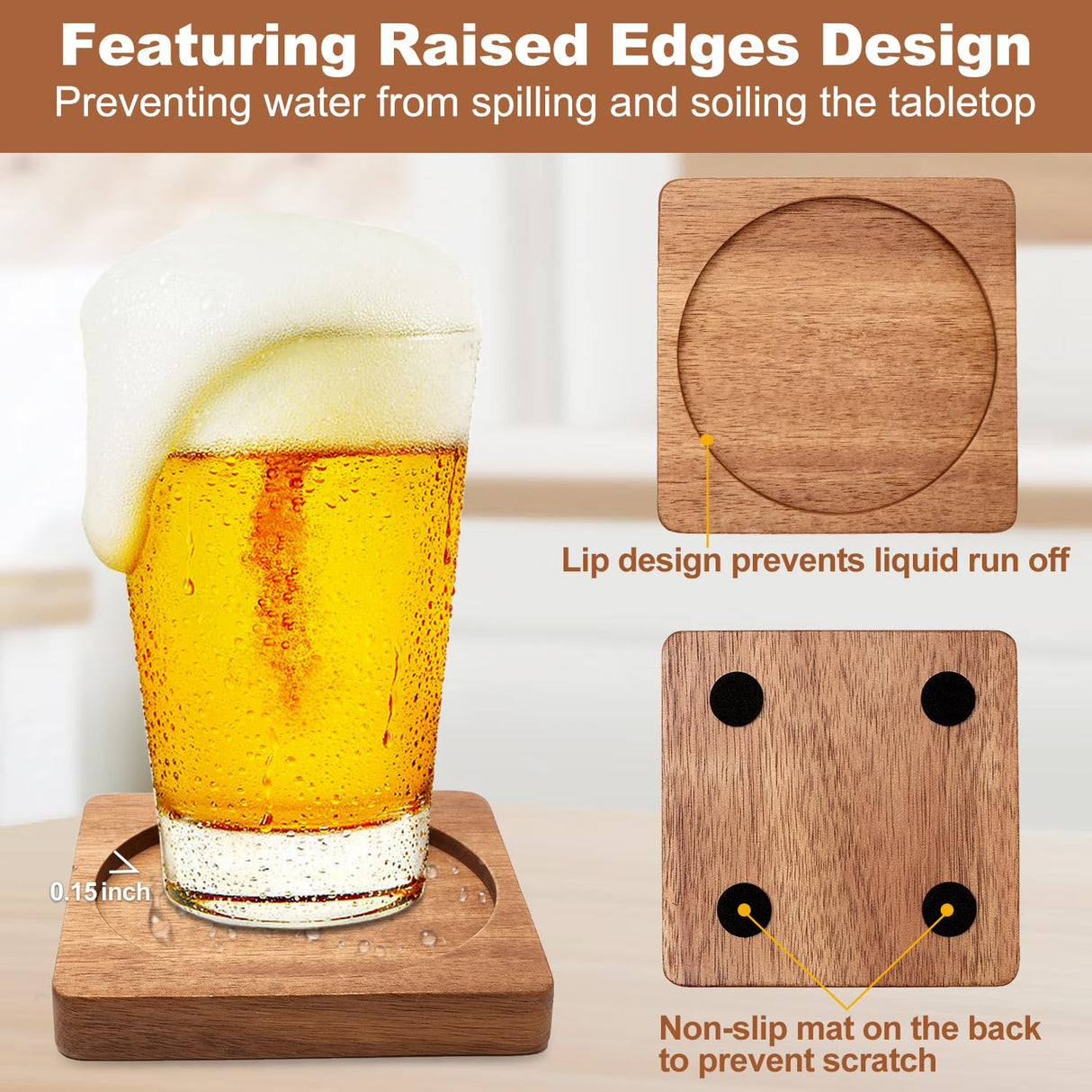 Farmhouse Home Decor Coasters with Holder Acacia Wood Coaster Set of 4 Drink Coasters Unique Cup Coasters Gift Cute Rustic Wooden Coasters for Coffee Table Beer Coasters Cool Bar Outdoor Coasters Renawe