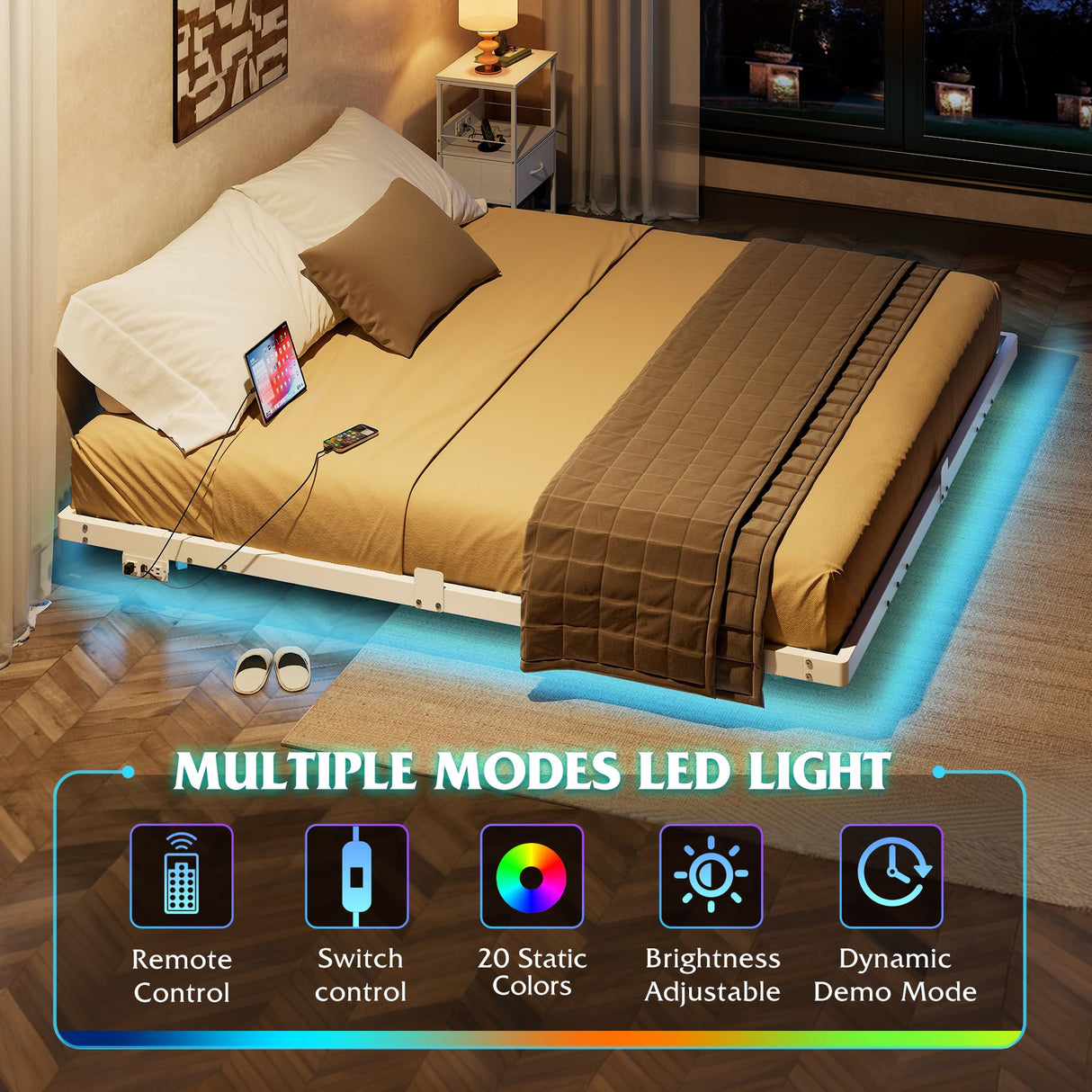 WLIVE Floating King Bed Frame, LED Bed Frame with Charging Station, Metal Platform Beds King Size with Heavy Duty Steel Slats, No Box Spring Needed, Easy Assembly, No Noise, White WLIVE