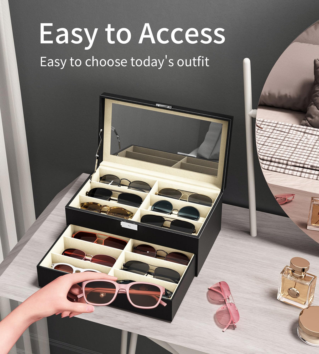 NEWLOOP Sunglasses Case Storage Organizer - Sunglass Organizer See-through Display Case Multiple Pairs Glasses Holder Stand 2-layer Eyeglass Jewelry Watch Collection Box with 12 Slot NEWLOOP