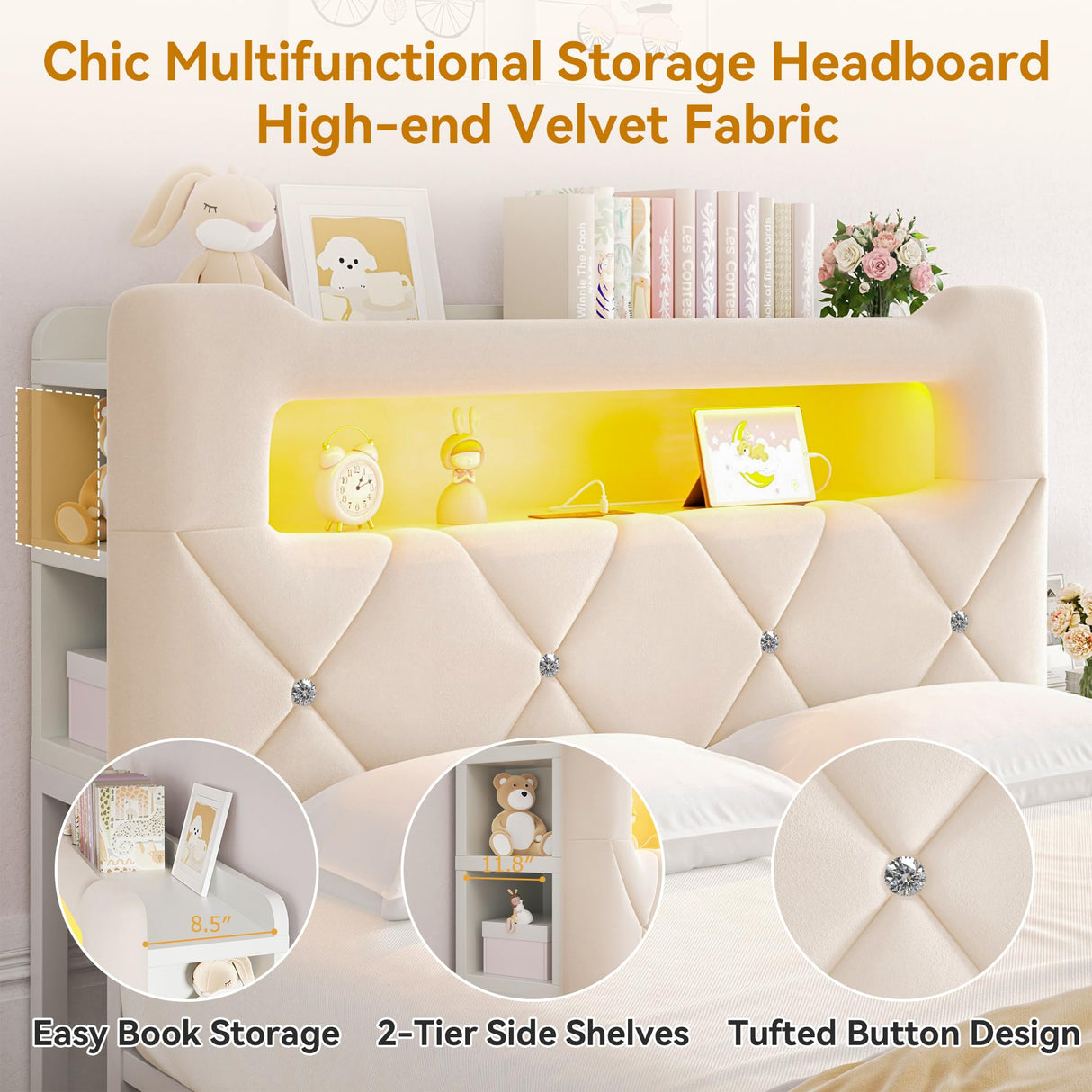 Full Upholstered LED Bed Frame with 2 Storage Drawers and 2-Tier Storage Headboard, Velvet Princess Platform Bed with Charging Station & Bookcase, Corner Bed Frame, Heavy Duty Metal Support, Beige Jocoevol