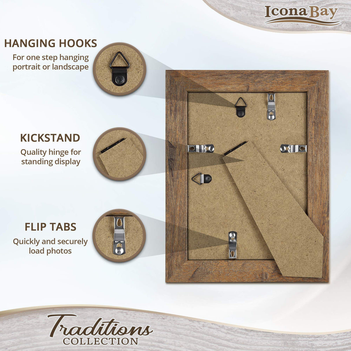 Icona Bay 5x7 Chestnut Brown Picture Frame, Rustic Wood Pattern, Lightly Distressed Frame for Table Top Display or Wall Mount, Traditions Collection Icona Bay