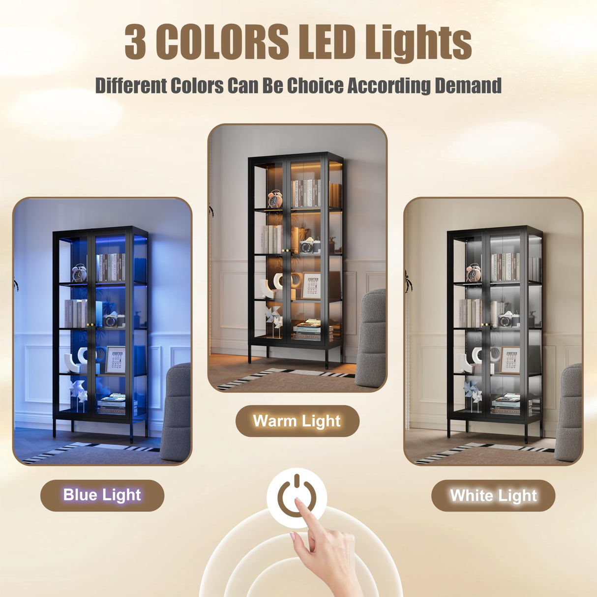 Glass Display Cabinet with LED Lights, Black Curio Glass Showcase, 66" Tall Metal Storage Cabinet with Doors and Adjustable Shelves, 3 Color Lighted Display Case for Living Room, Home Office, Pantry MetalMax