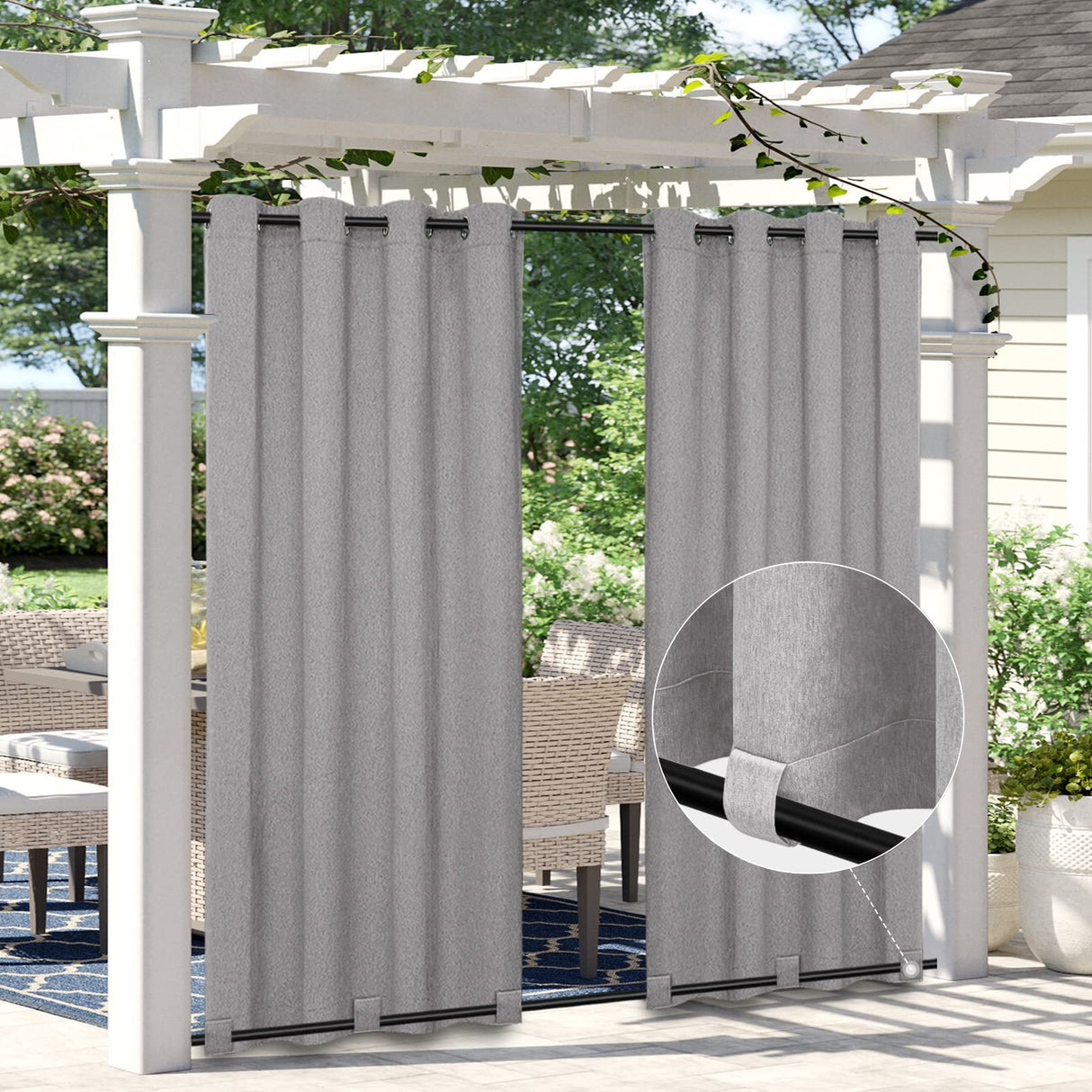 Easy-Going Linen Look Outdoor Curtains Waterproof Windproof Porch Curtains, Soft Thicken Outdoor Privacy Curtains for Patio, Gazebo, Grommet Top and Tab Bottom Drape, 2 Panels, 54x84 inch, Grey Easy-Going