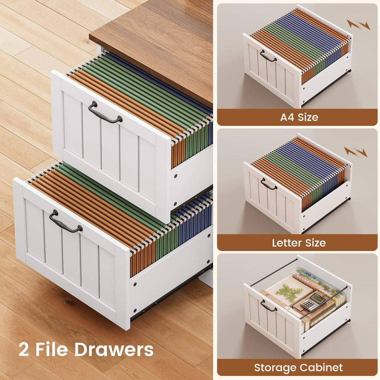 SEDETA Farmhouse L Shaped Desk with Drawers, 63" Office Desk with File Drawers, Wood Corner Computer Desk with Storage, Home Office Desk with Monitor Stand and Storage Cabinet, Brown and White SEDETA