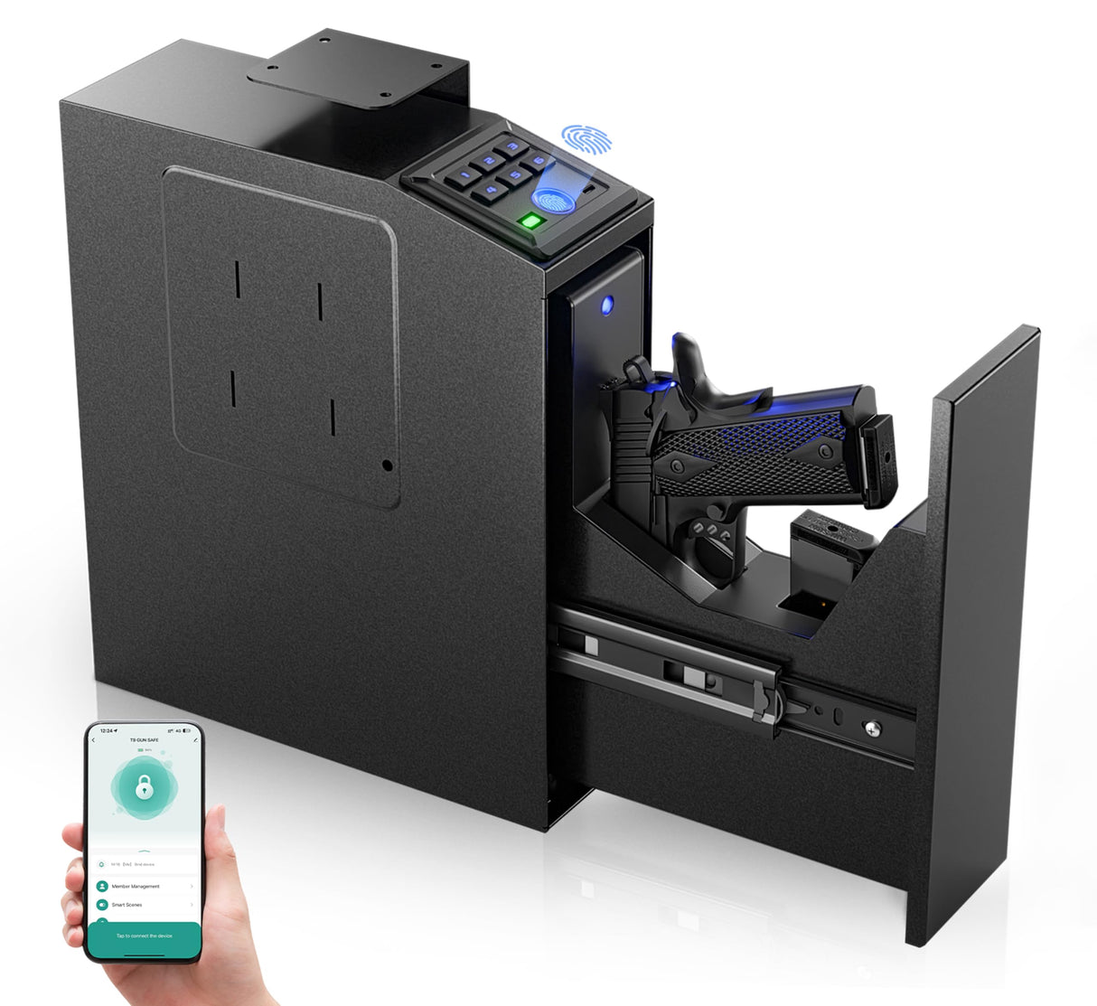 Gun safe, Biometric Slider safe for handgun, 4 Ways Unlock with Fingerprint, Key Access, PIN Code, Mounted Nightstand Pistol Safe and Gun Lock Box for Car, Truck, Desk, Bedside, Wall ORARAER