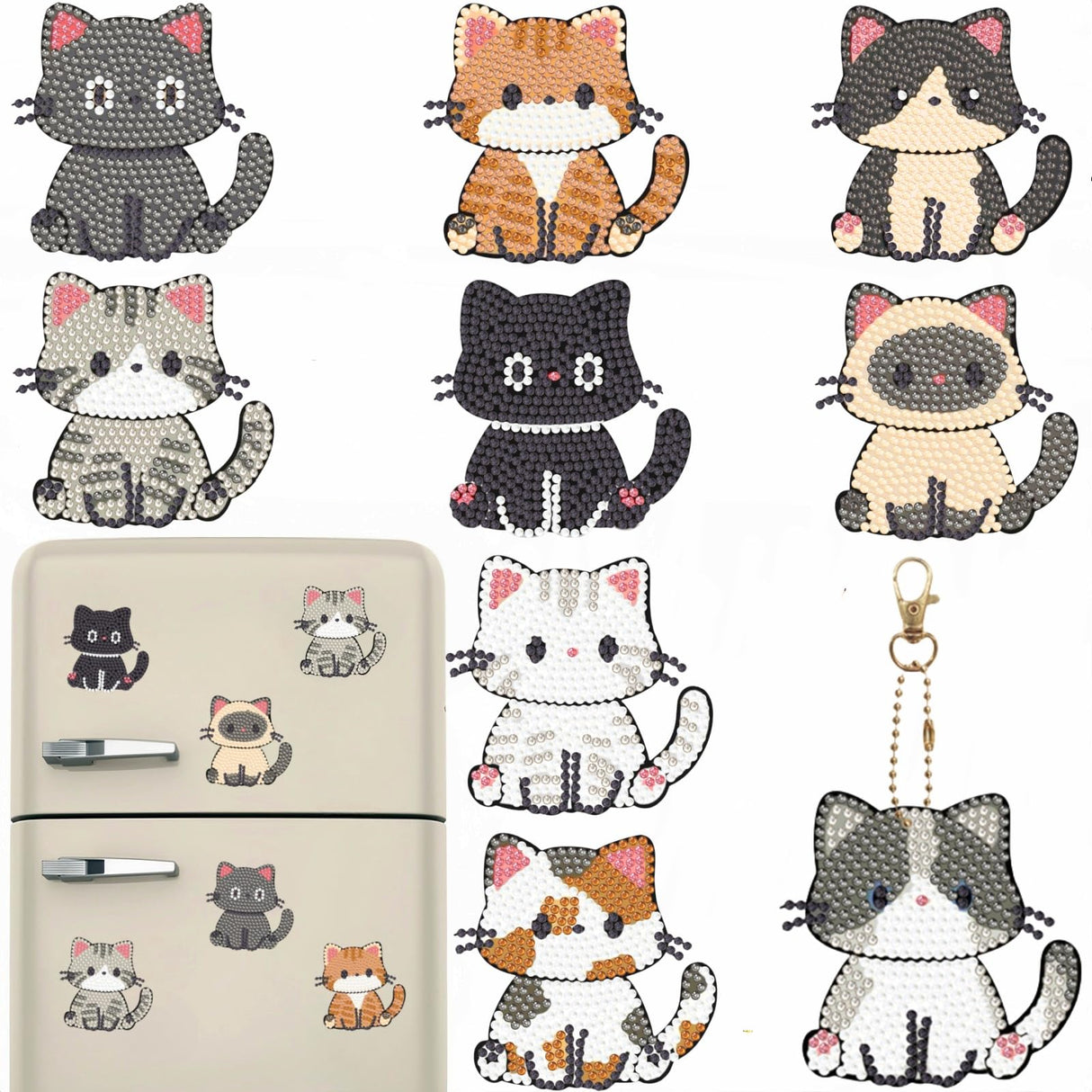 Bulerrylulu 9 Pcs Diamond Painting Magnets Kits Cute Cat Fridge Magnet Stickers Diamond Art Painting Keychains Gem Painting kit for Beginners Adults DIY Art Craft Gifts Home Decors (cat) Bulerrylulu