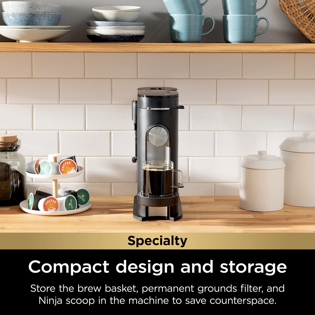 Ninja Pod & Grounds Specialty Single-Serve Coffee Maker, K-Cup Pod Compatible, Brews Grounds, Compact Design, Built-In Milk Frother, 56-oz. Reservoir, 6-oz. Cup to 24-oz. Mug Sizes, Black, PB051 Ninja