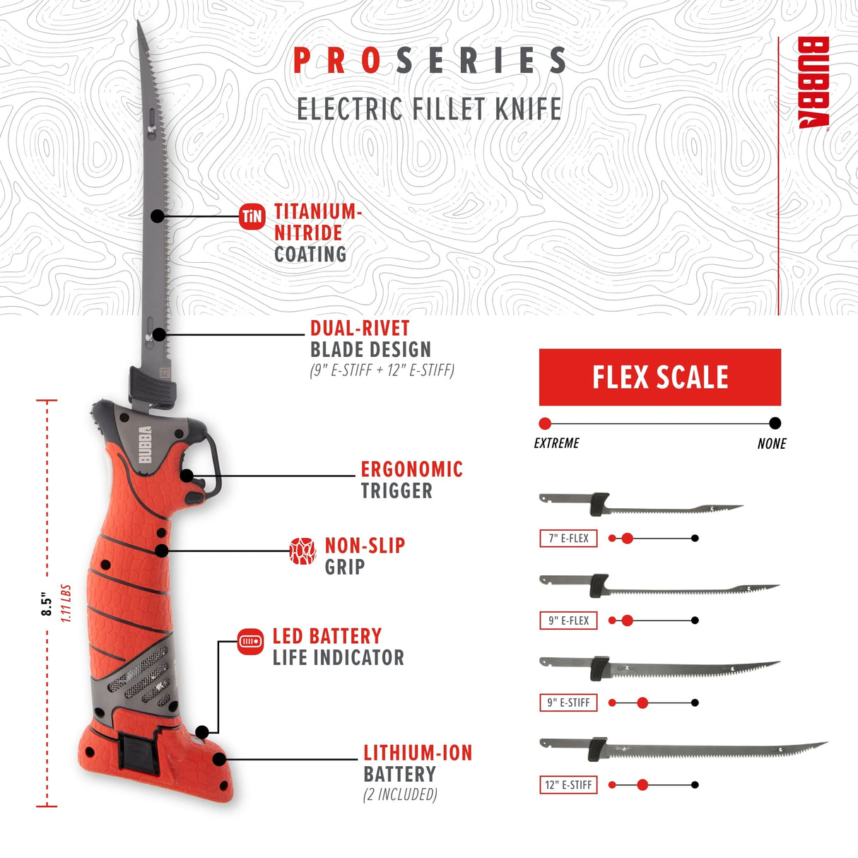 BUBBA Pro Series Lithium-Ion Electric Fillet Knife with Non-Slip Grip Handle, 4 Ti-Nitride S.S. Coated Non-Stick Reciprocating Blades, Charger and Case for Fishing BUBBA