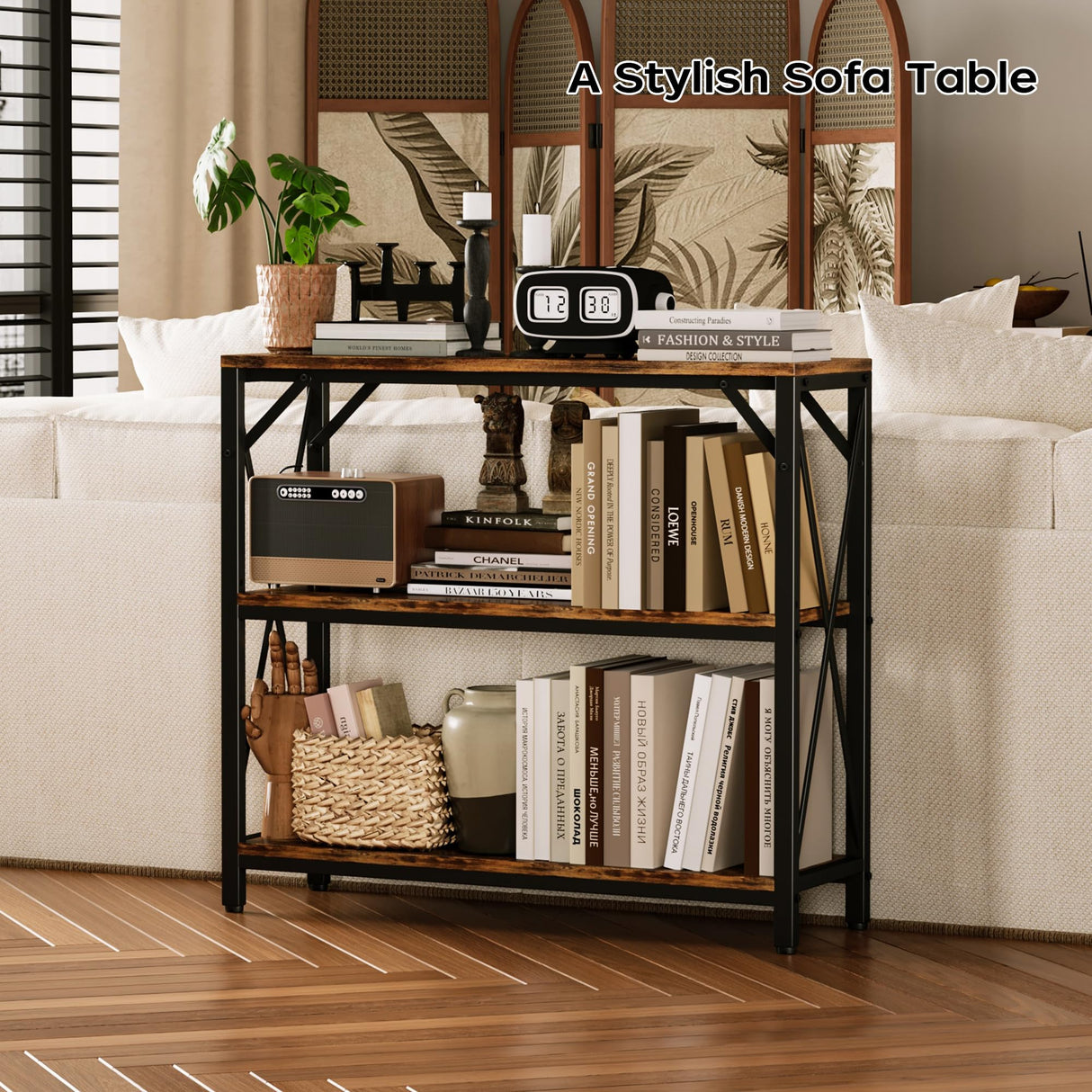 Homeiju Console Table 31.5" Width, 3-Tier Entryway Table with Storage, Industrial Sofa Table with Open Shelves, Foyer Tables for Entryway, Hallway, Kitchen, Living Room and Bedroom, Rustic Brown Homeiju