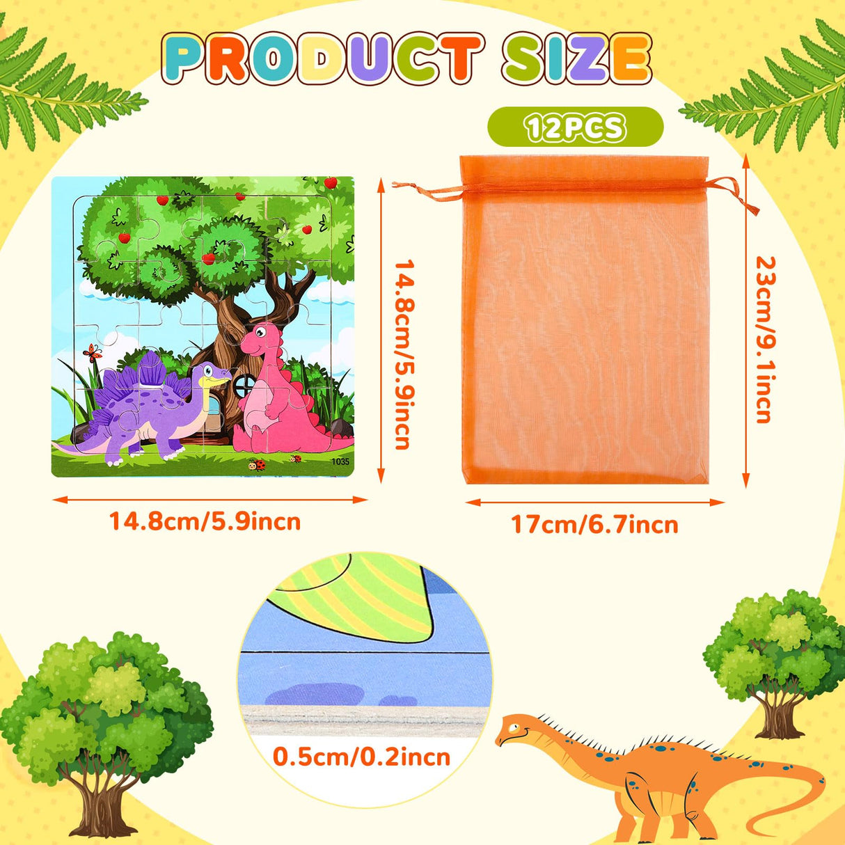 SANNIX 12 Pack Dinosaur Wooden Jigsaw Puzzles with 12 Organize Bags, Dinosaurs Animals Toddlers Puzzles for Kids Ages 3 4 5, Party Favors Educational Learning Travel Toys for Boys Girls SANNIX