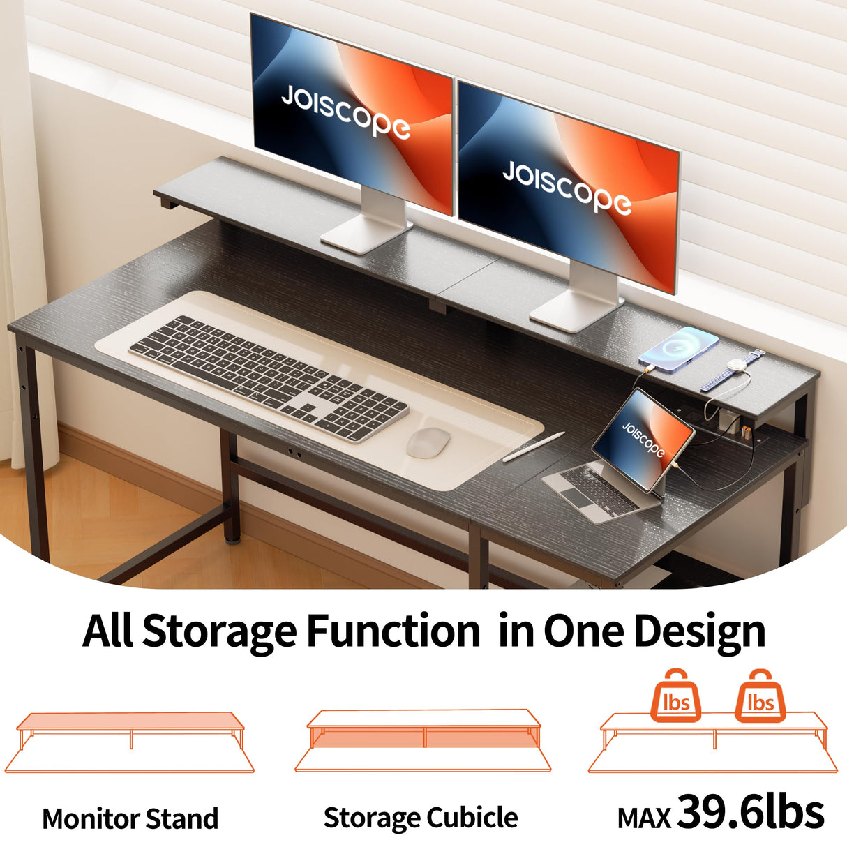 JOISCOPE Home Office Desk with Power Outlets (3AC, USB, Type-C), 60 × 20 Inch Computer Desk with Reversible Shelves, Laptop Table with Display Riser, Gaming Study Drafting Table for Bedroom, Black JOISCOPE