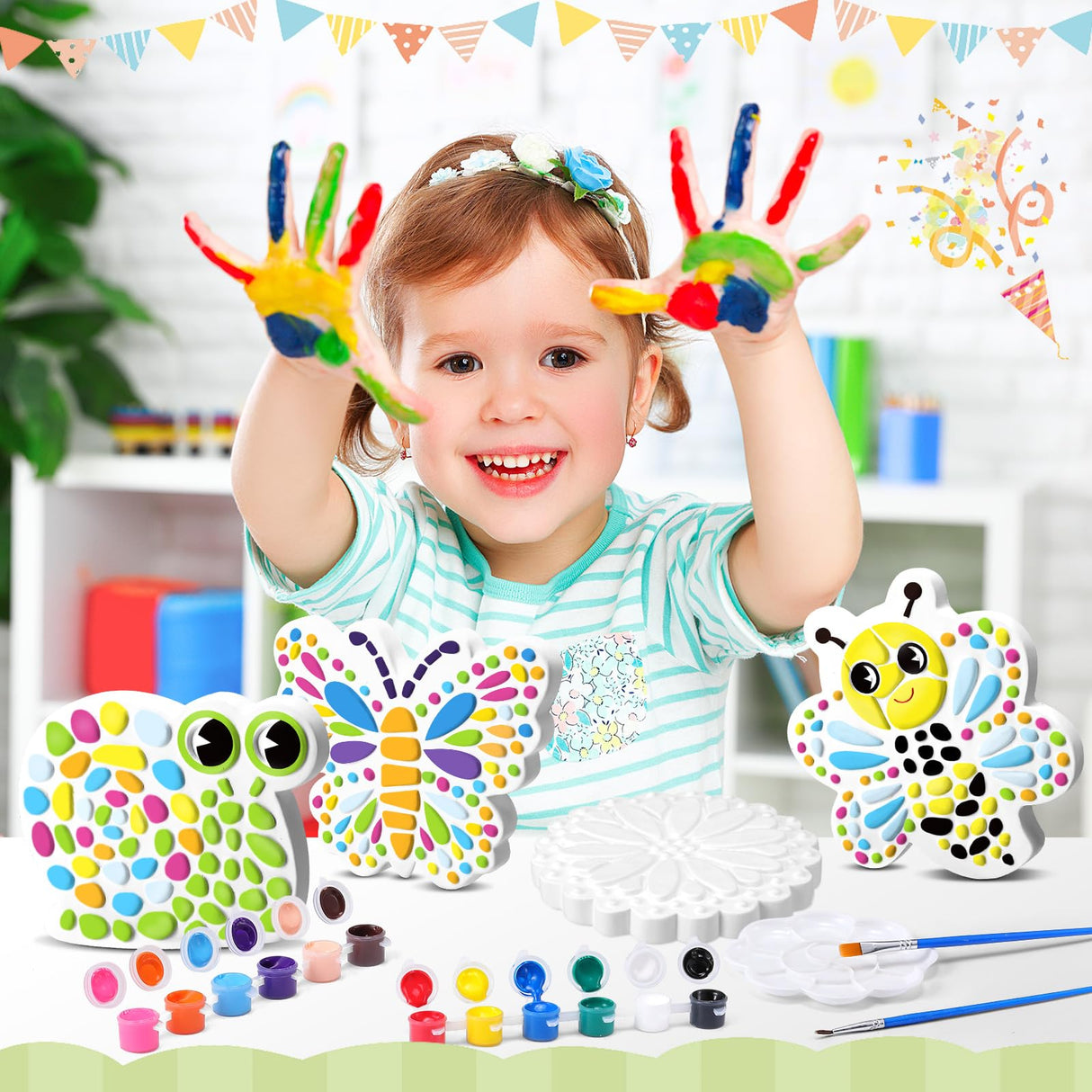 PullCrease 6 Pack Paint Your Own Plaster Stones - Kids Summer Arts and Crafts Garden Handprint Stepping Stone Painting Kit DIY Ceramic Craft Pottery Outdoor Painting Gifts for Kids Ages 4-12 PullCrease