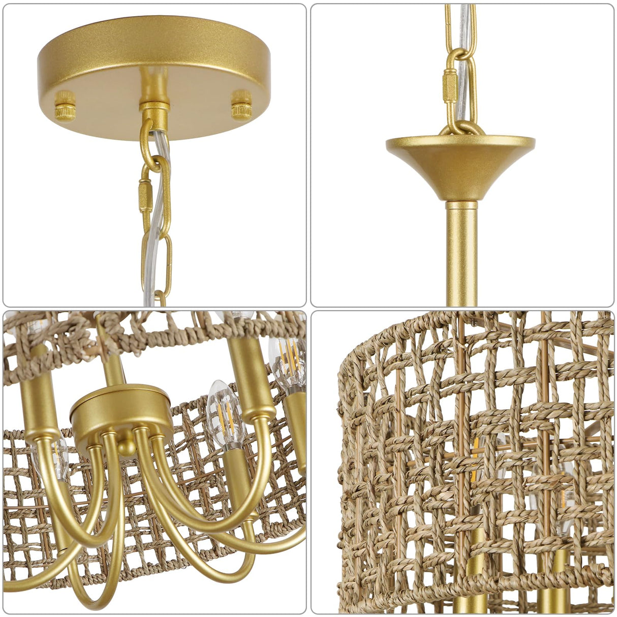 WBinDX 6-Light Boho Large Rattan Chandelier for Dining Room, Seagrass Gold Chandelier with Hand Woven Wicker Shade, Farmhouse Drum Hanging Pendant Light Fixture for Living Room Hallway Foyer WBinDX