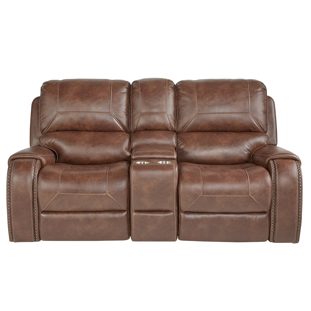 Roundhill Furniture Achern Brown Leather-Air Nailhead Manual Reclining Sofa and Loveseat with Storage Console and USB Port Roundhill Furniture