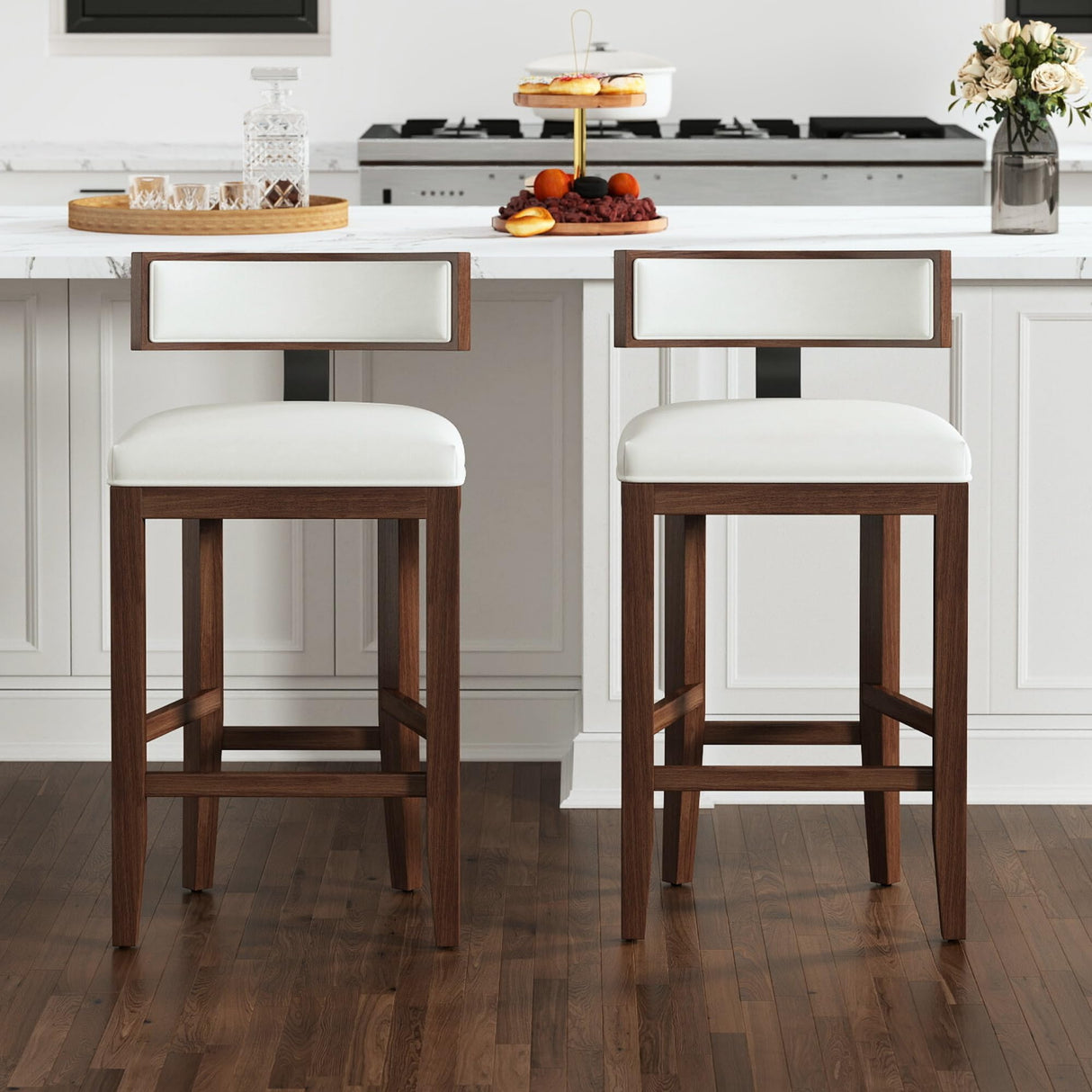 DM Furniture Leather Bar Stools Set of 2, 26.5" White Upholstered Counter Height Barstools, Farmhouse Island Countertop Bar Chairs with Curved Backrest/Hardwood Frame for Kitchen Island Dining Room DM Furniture