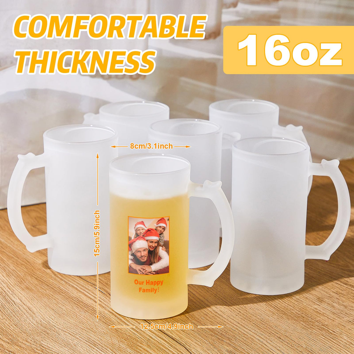 Mifoci 6 Pcs Frosted Beer Mugs for Sublimation 16 oz Blank Glass Cups Can Add Photo Text or Images on Personalized Beer Glass for Husband Dad Men for Oktoberfest Halloween Christmas Gift Mifoci