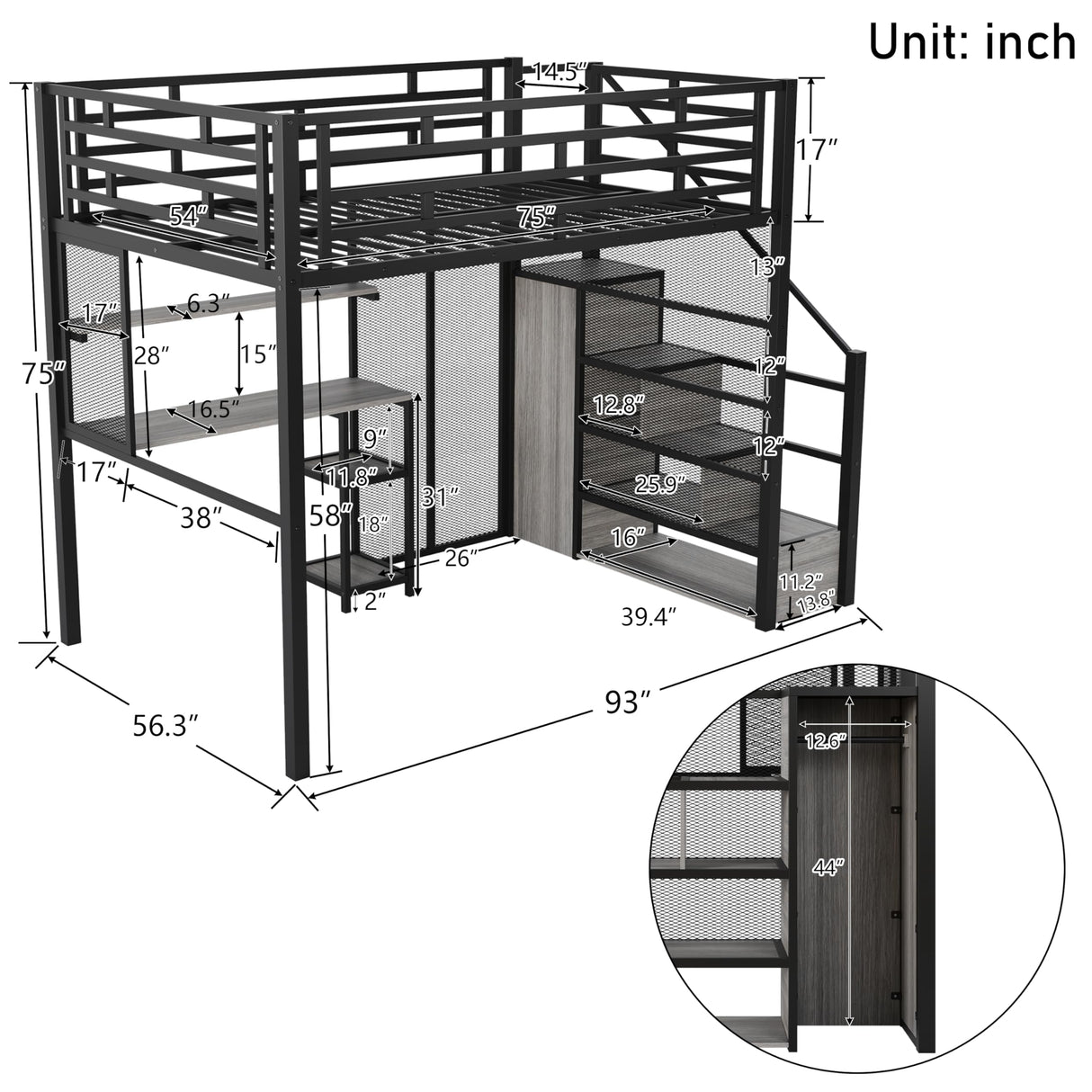 Harper & Bright Designs Full Size Loft Bed with Stairs & Desk, Metal Frame with Storage Shelves and Wardrobe, Heavy-Duty for Adults, Teens and Kids, Black Harper & Bright Designs