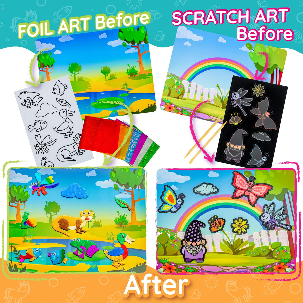 Craftikit ® Award-Winning Foil Art & Rainbow Scratch Art for Kids - 2-in-1 Arts and Crafts Kit for Kids Ages 4-10 - Animal Theme for Girls, Boys & Toddlers Ages 4, 5, 6, 7, 8, 9, 10 Craftikit