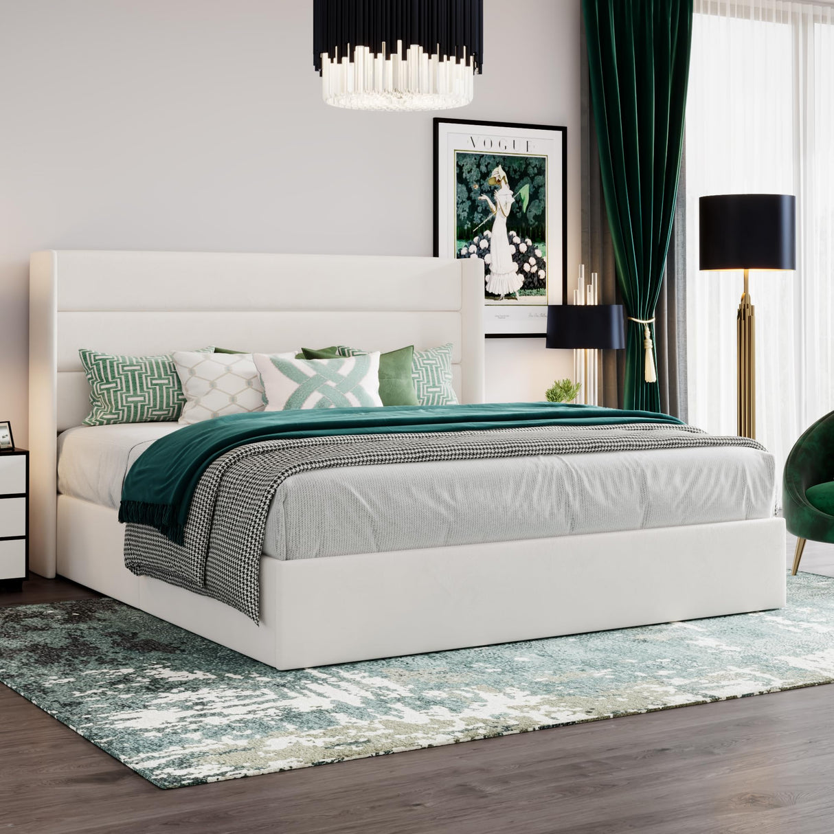 SHA CERLIN King Size Lift Up Storage Bed/Velvet Upholstered/Modern Wingback Headboard/Upholstered Platform Bed Frame/Hydraulic Storage/No Box Spring Needed/White SHA CERLIN