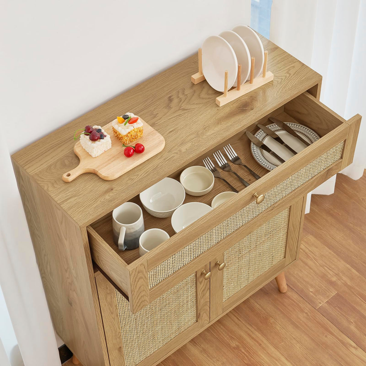 Iwell Storage Cabinet with Rattan Doors, Rattan Cabinet with Large Drawer & Adjustable Shelf, Accent Cabinet for Kitchen, Dining Room, Living Room, Entryway, Natural Iwell