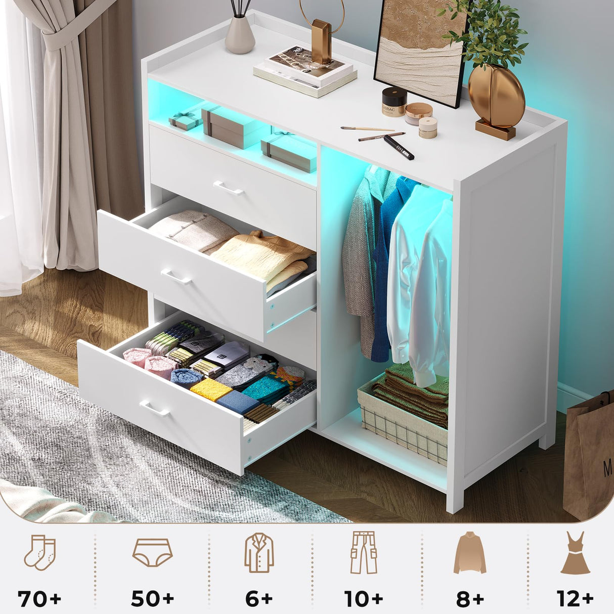 VIAGDO Dresser for Bedroom with Clothes Rail, Chest of 4 Drawers with LED Lights, Modern White Dresser with Open Storage Space for Bedroom Entryway, Large Capacity VIAGDO