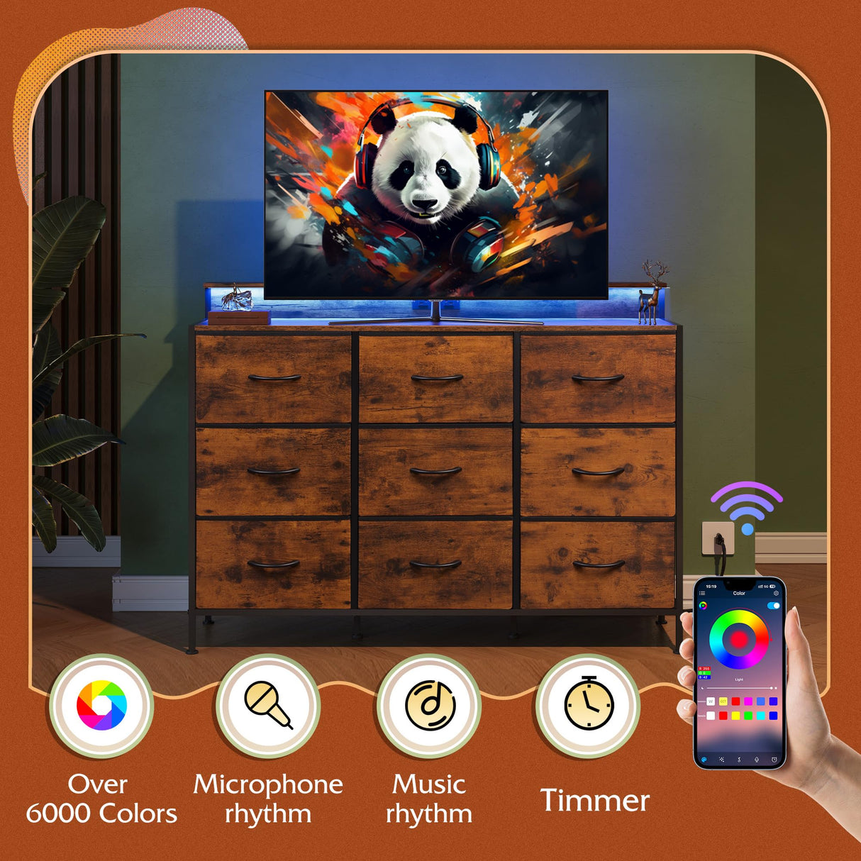 WLIVE Dresser TV Stand for 50, 55 inch, Led Chest of Drawers for Bedroom, Rustic Brown Dresser for Bedroom with LED Lights and Charging Station, 9 Fabric Drawers, Wood Top, Living Room, Closet WLIVE