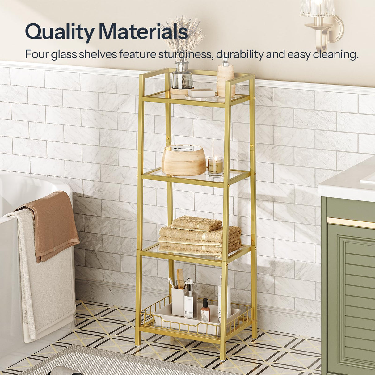 HOOBRO Gold Glass Shelf Stand, 4 Tier Standing Shelf Unit, Bathroom Organizer and Storage, Floor Storage Shelves Waterproof, for Bathroom, Laundry, Toilet, Tempered Glass, Gold GD79CJ01