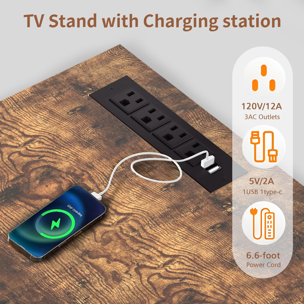 VECELO LED TV Stand for 70 inch, Entertainment Center with Power Outlets, Industrial Television Cabinet with 7 Open Storage Shelves, for Living Room and Bedroom, Retro Brown, 70inch VECELO